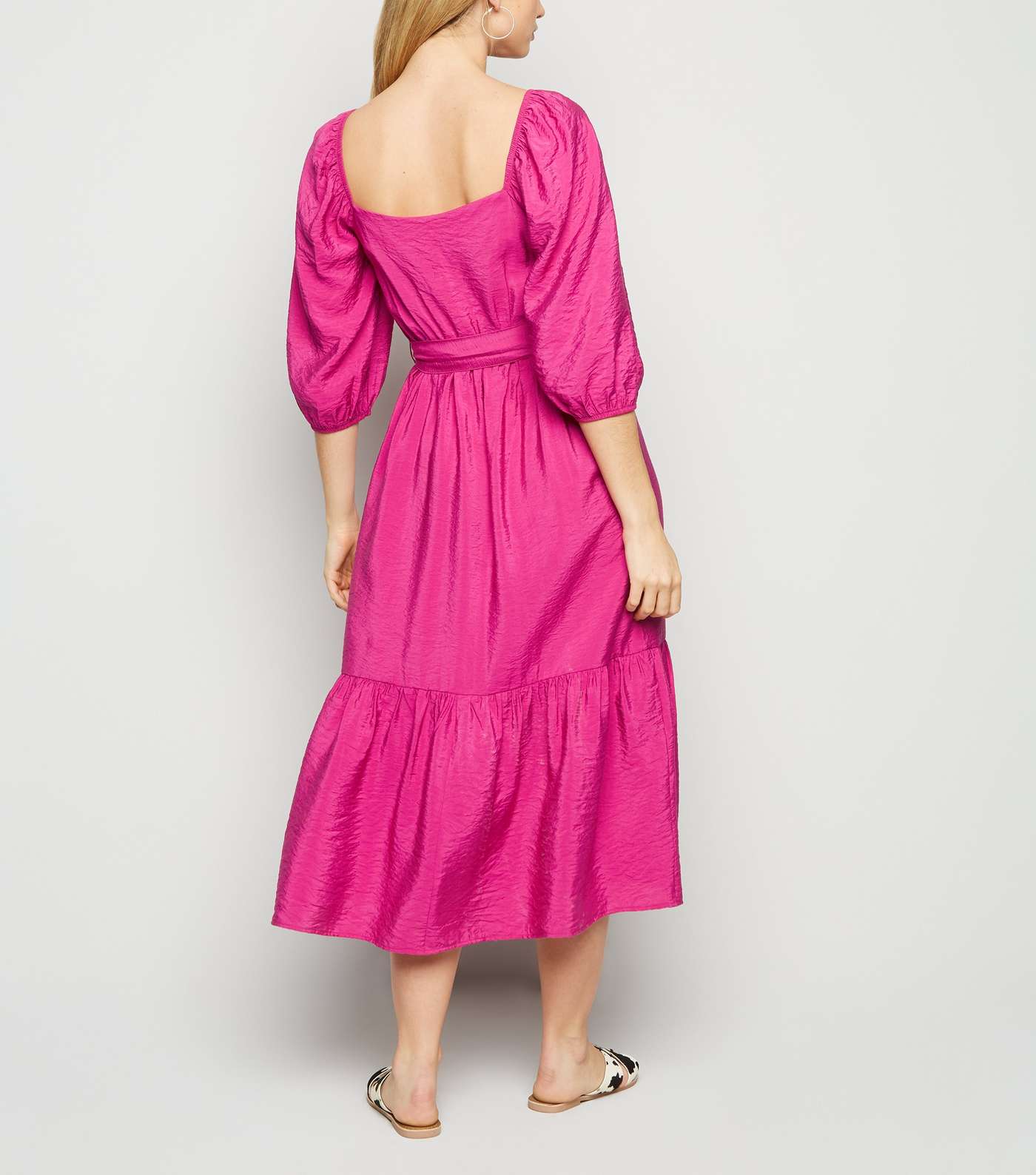Bright Pink Puff Sleeve Tiered Midi Dress Image 4