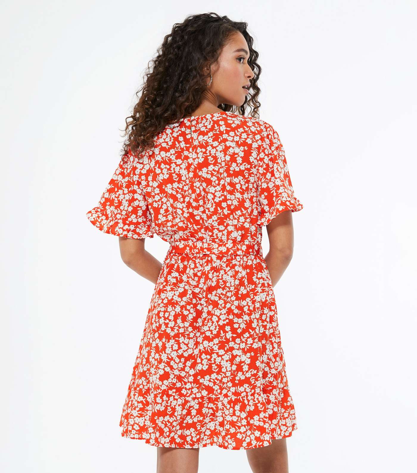 Petite Red Floral Ruffle Belted Dress Image 4