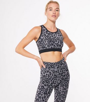 Grey Leopard Print Sports Crop Top 