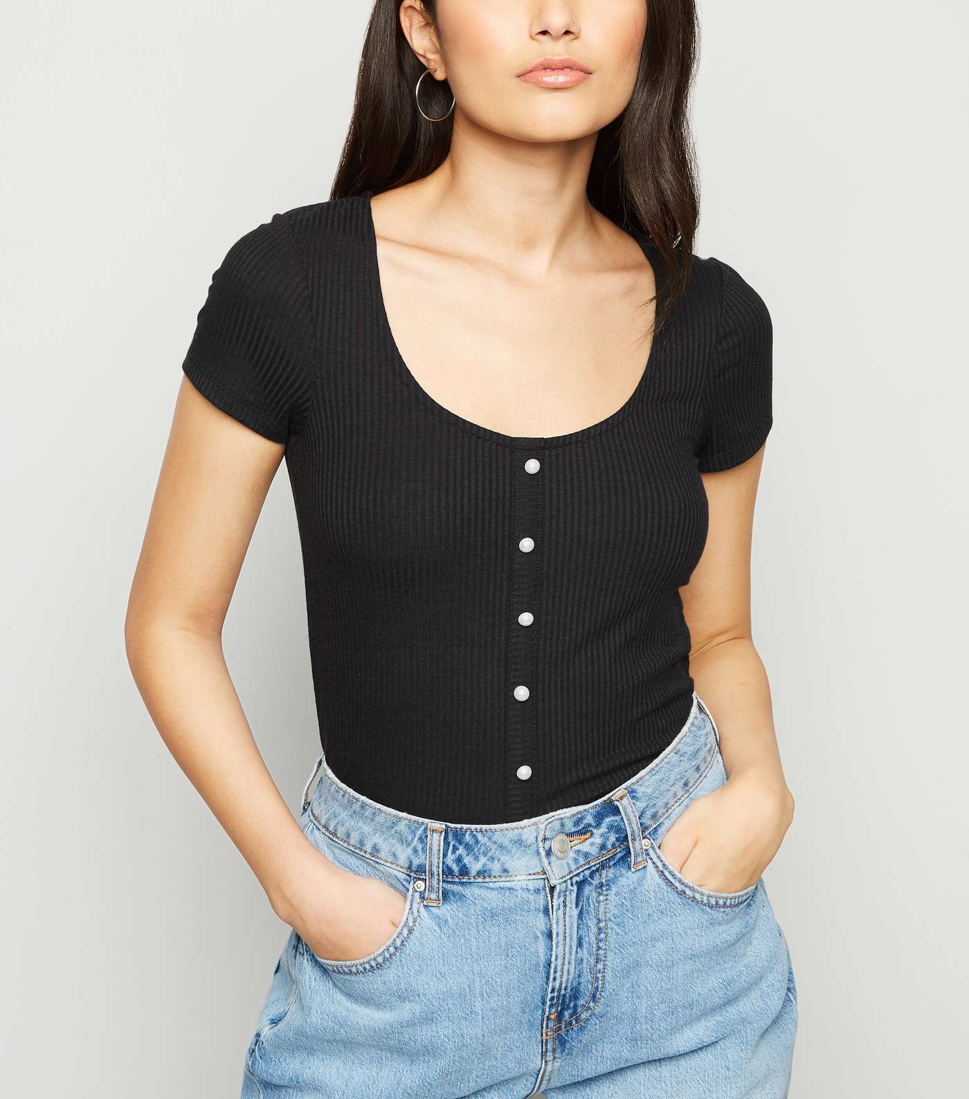 Black Faux Pearl Button Ribbed Top