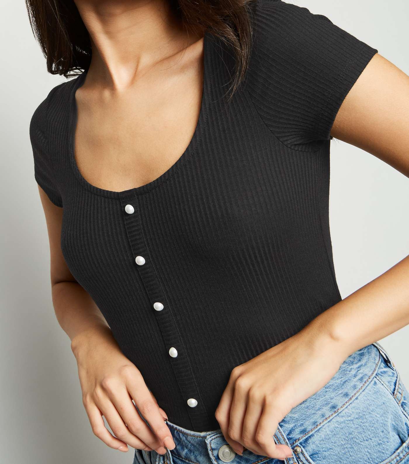 Black Faux Pearl Button Ribbed Top Image 5