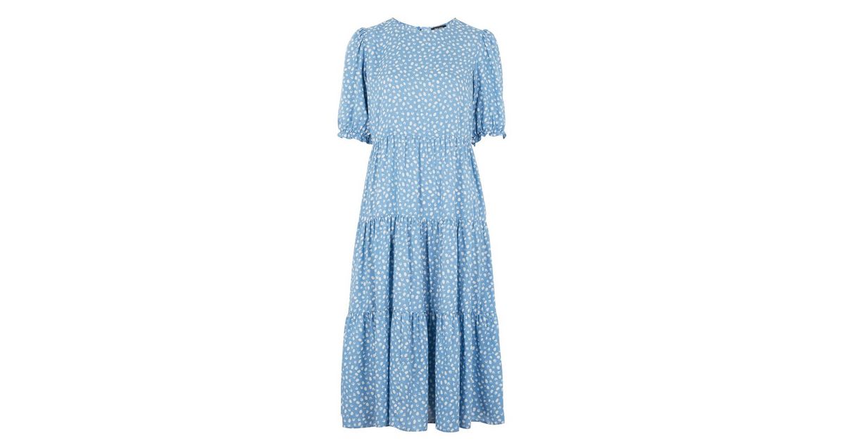 Petite Pale Blue Spot Tiered Midi Dress | New Look