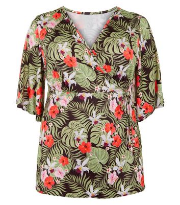 Image of Just Curvy Black Tropical Floral Wrap Top New Look