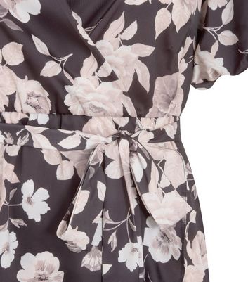 Image of Curves Black Floral Frill Hem Wrap Dress New Look