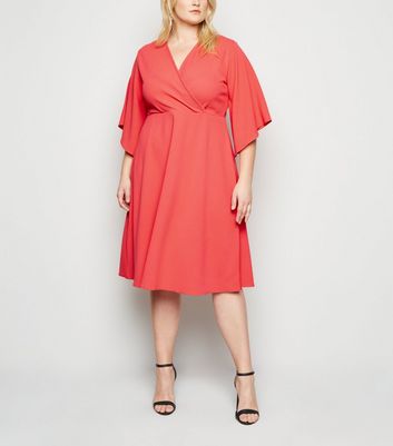 Curvy Coral Flutter Sleeve Wrap Dress 