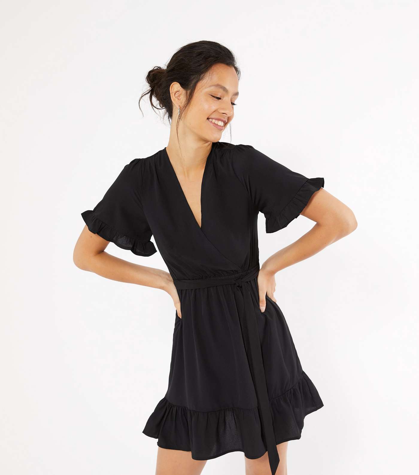 Black Frill Sleeve Mini Wrap Dress Image 2