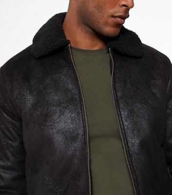 Jack & Jones Black Leather-Look Aviator Jacket | New Look