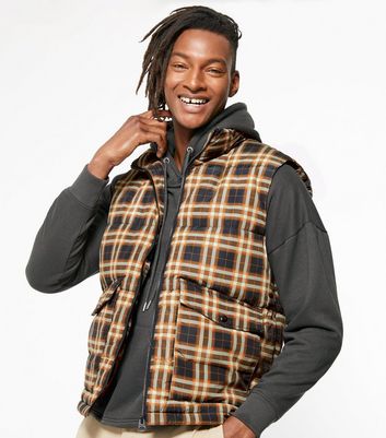 Image of Only & Sons Navy Check High Neck Puffer Gilet New Look