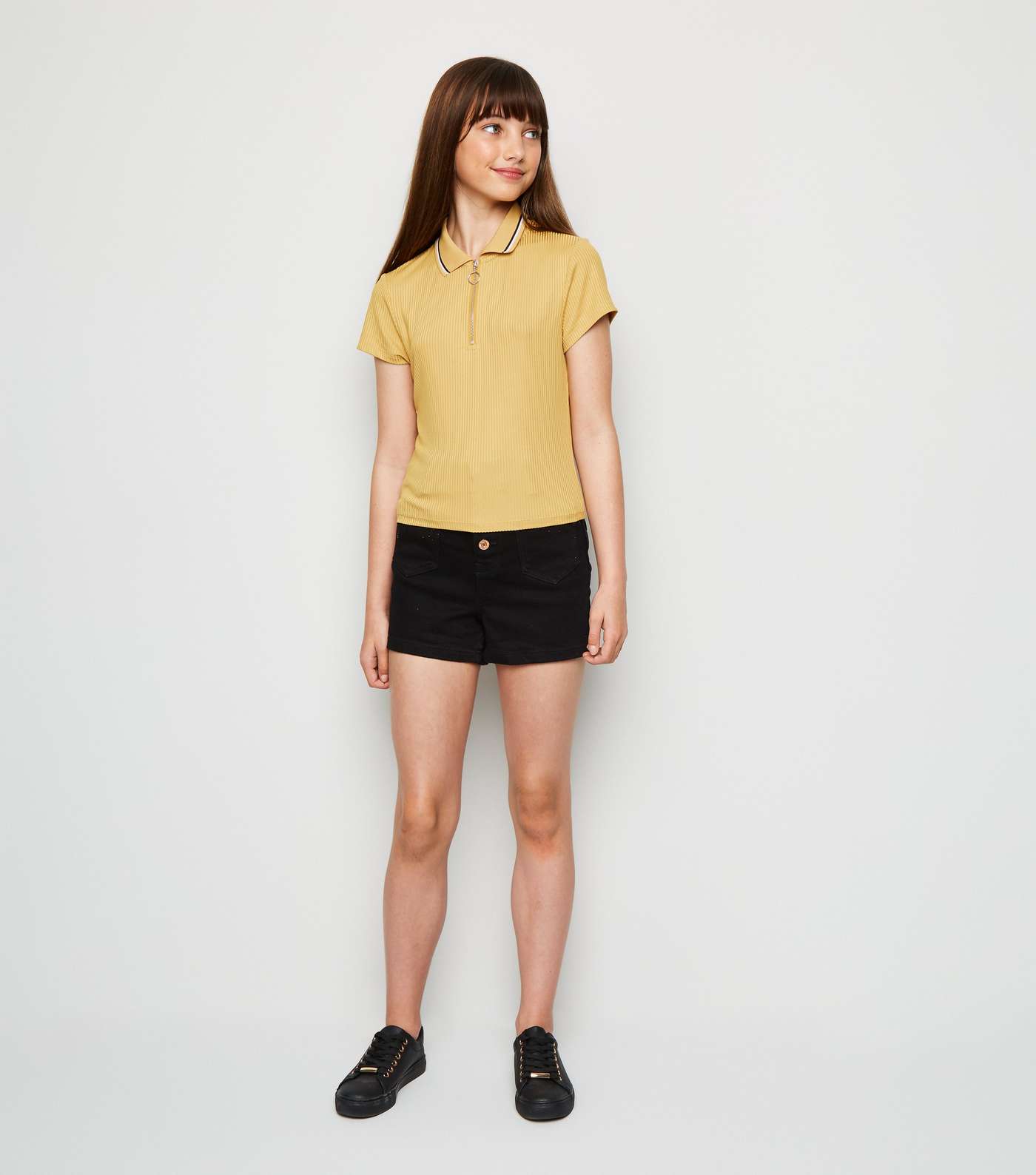 Girls Mustard Ribbed Zip Front Polo Shirt Image 2