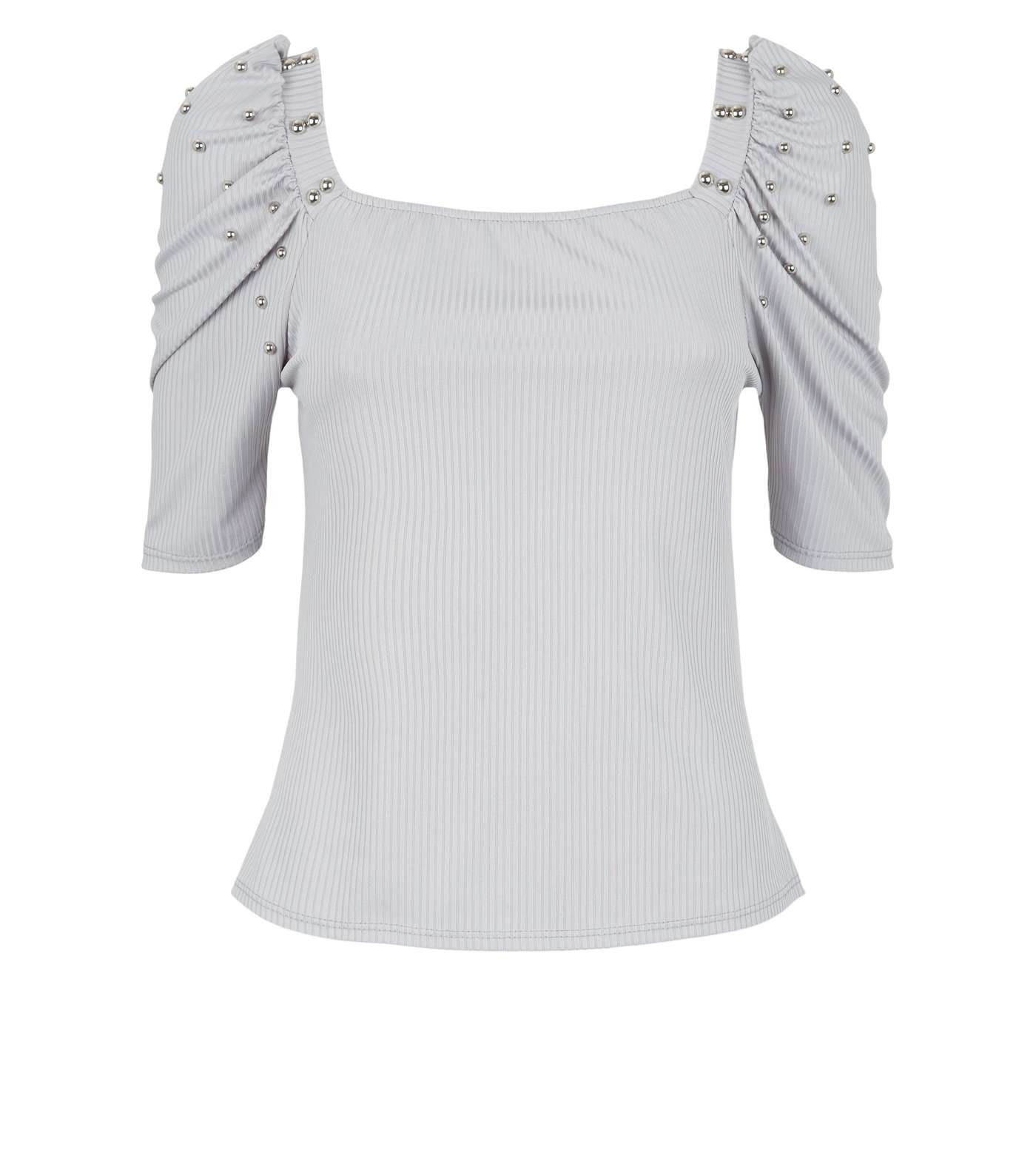 Cameo Rose Pale Grey Stud Puff Sleeve Top Image 4