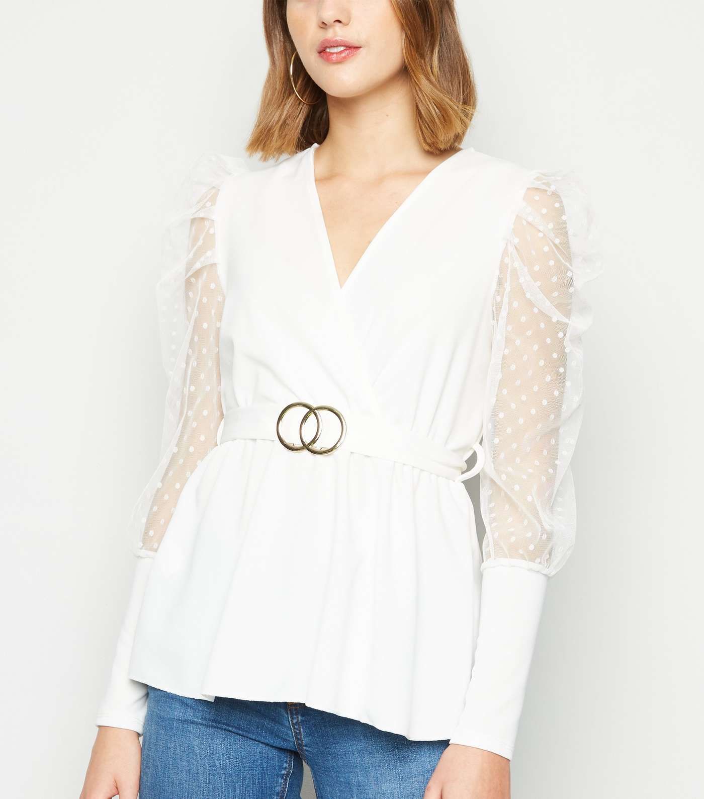 Cameo Rose Cream Spot Mesh Sleeve Belted Top