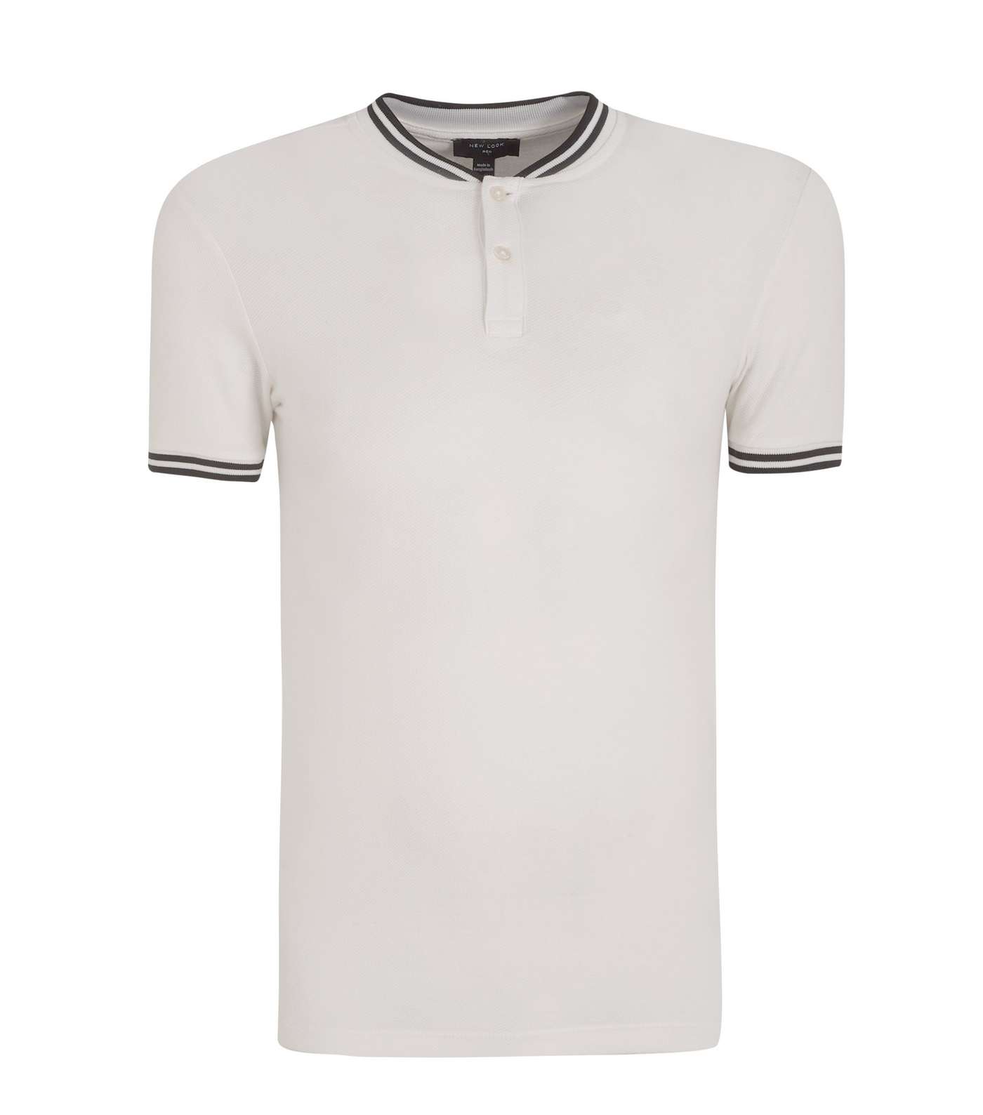 White Piqué Stripe Trim Collarless Polo Shirt
