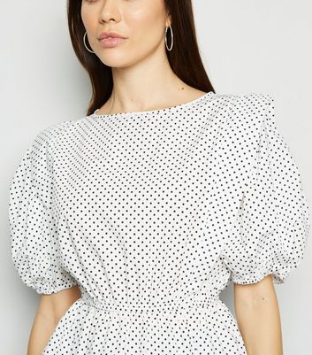 Image of Influence White Spot Puff Sleeve Peplum Top New Look