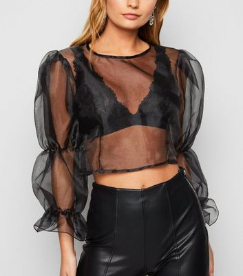 Image of Cameo Rose Black Organza Puff Sleeve Top New Look