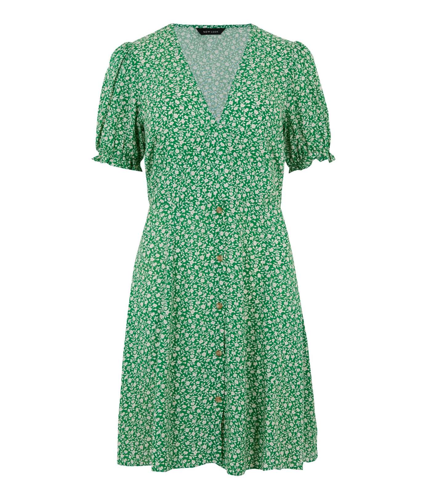 Green Ditsy Floral Puff Sleeve Tea Dress