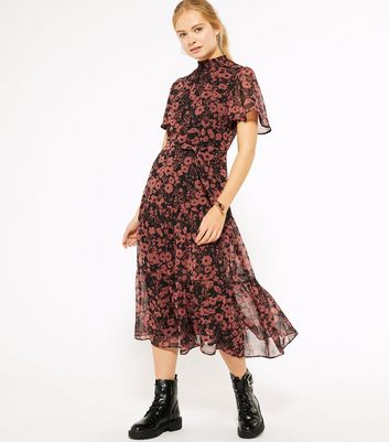 black floral high neck dress