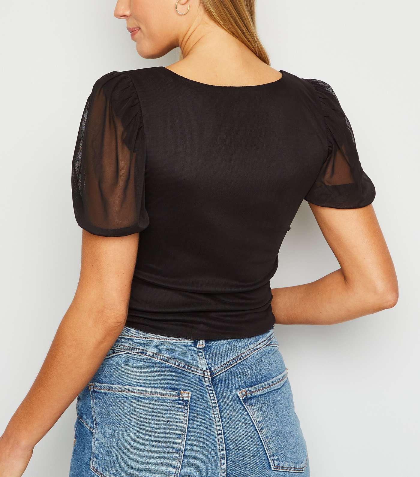 Black Mesh Ruched Square Neck Top Image 3