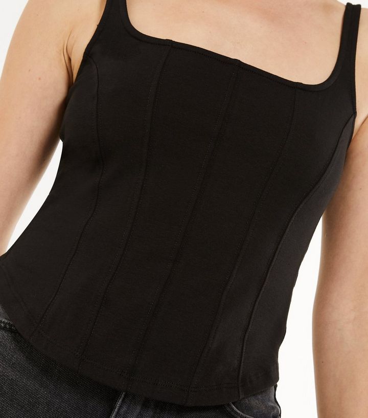 Black Square Neck Corset Seam Vest New Look