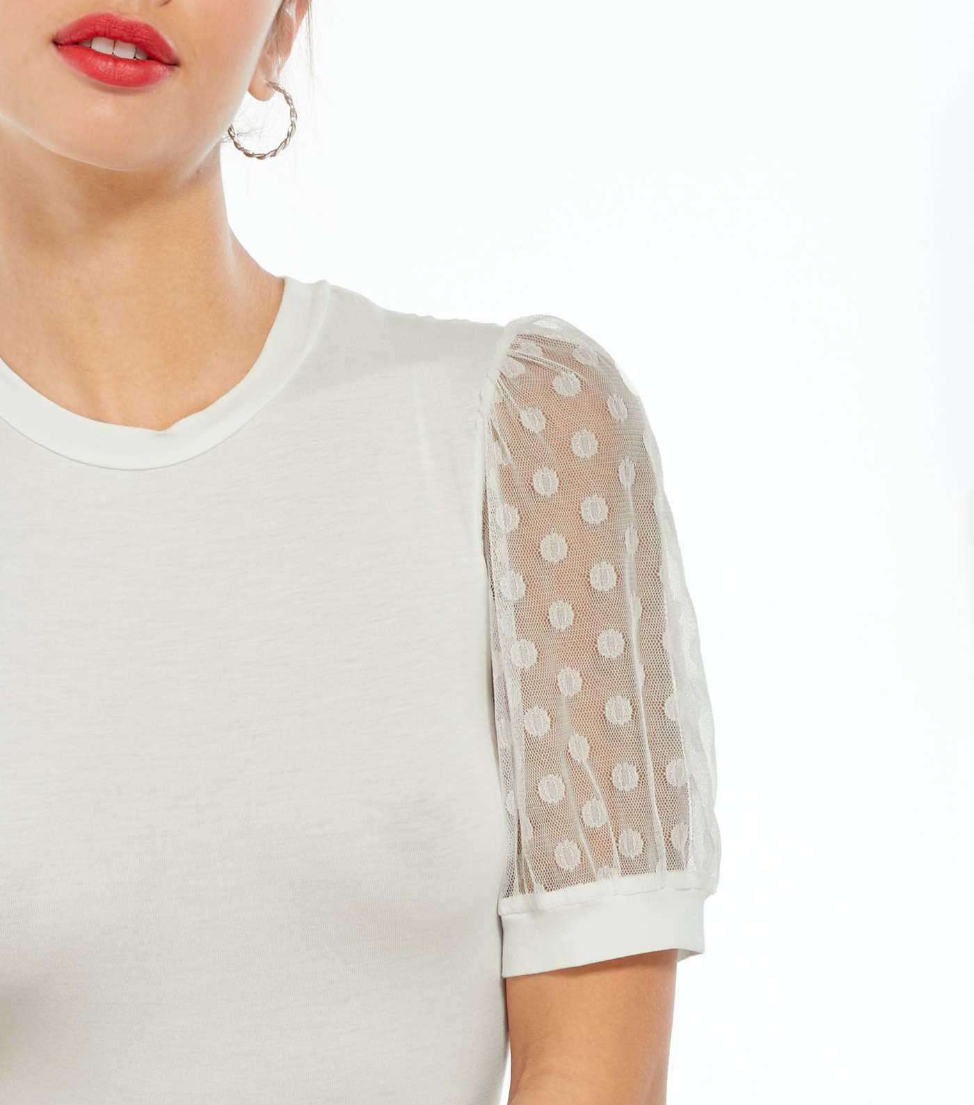 Off White Spot Mesh Puff Sleeve Top Image 4
