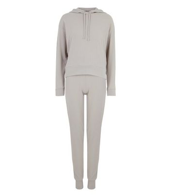 Pale Grey Ribbed Hoodie and Jogger Set New Look