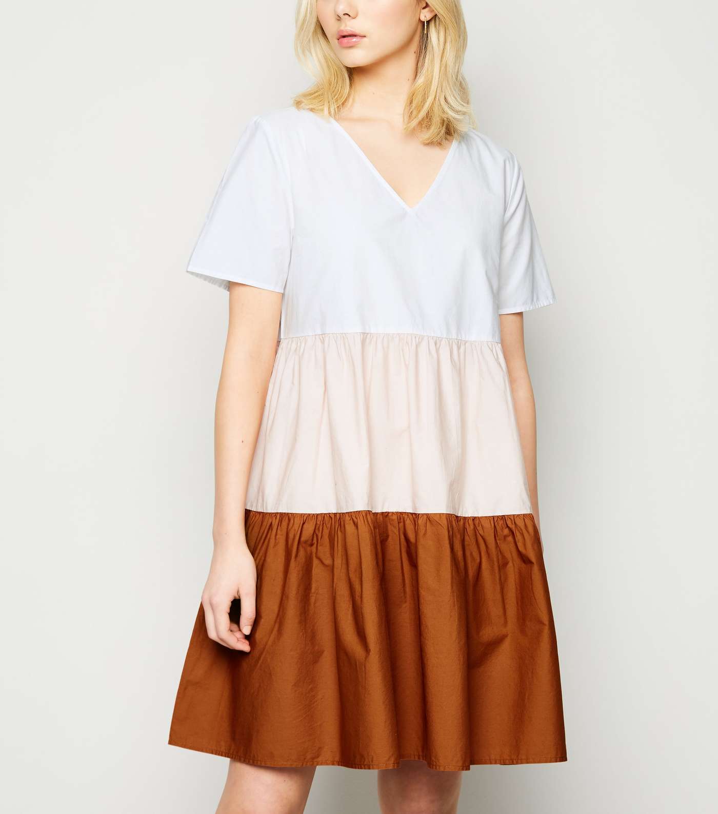 JDY White Colour Block Tiered Smock Dress