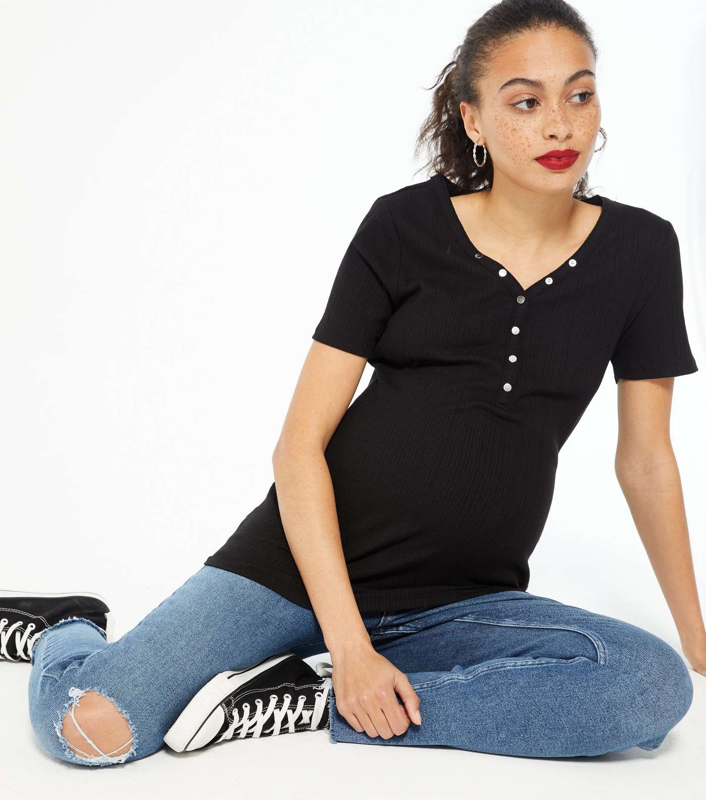 Maternity Black Ribbed Popper T-Shirt