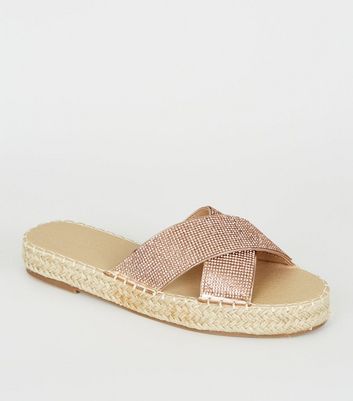 Truffle Collection Rose Gold Diamant Espadrille Flatform Sliders New Look