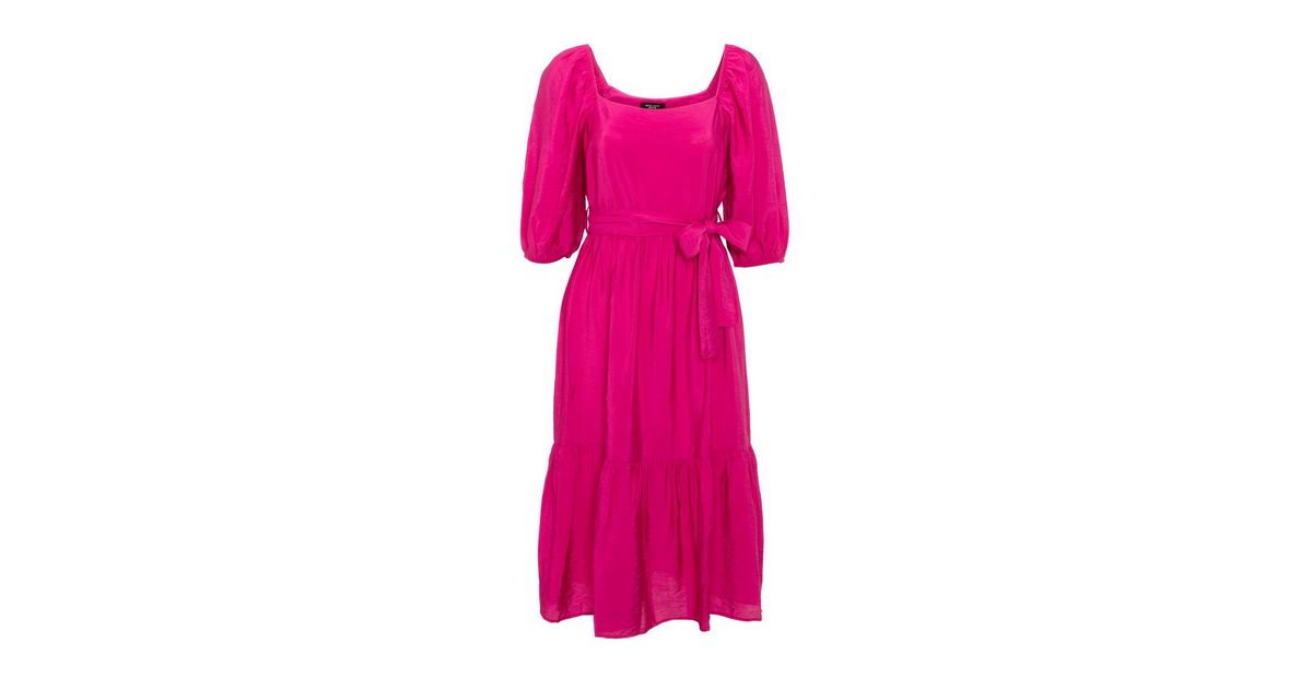 Petite Bright Pink Puff Sleeve Midi Dress | New Look