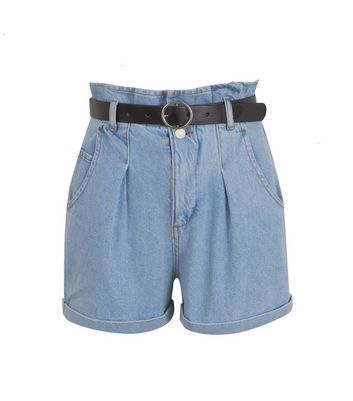 Image of Blue Denim Belted High Waist Shorts New Look