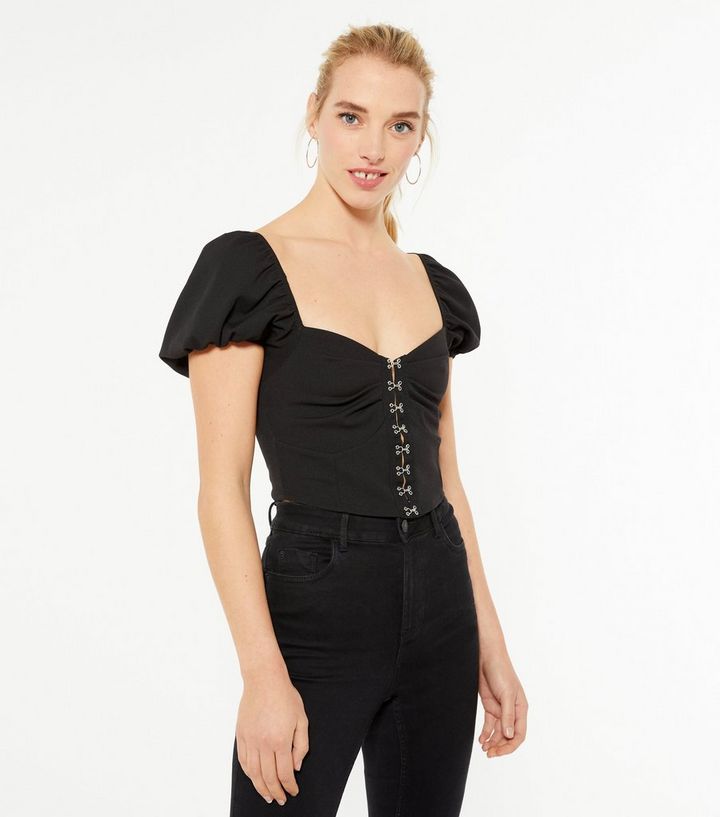 Schwarzes Crop Top Mit Puffarmeln Haken Und Osen New Look