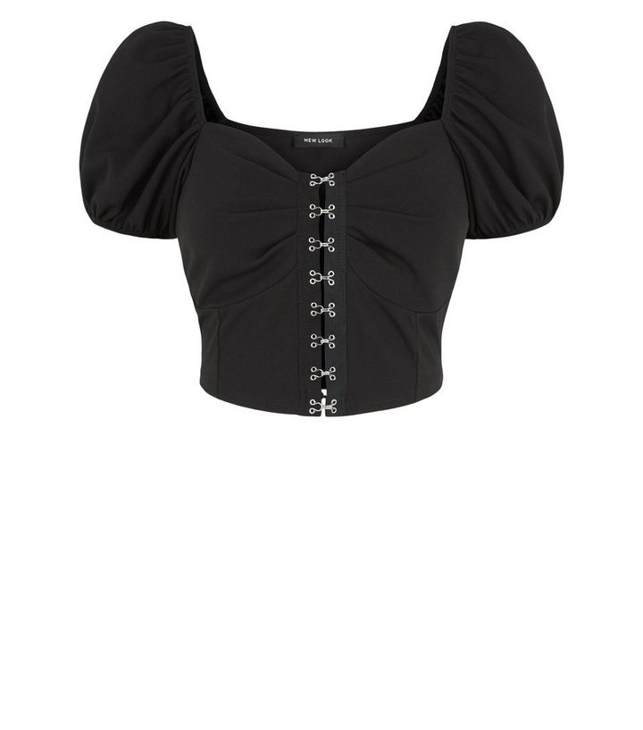 Schwarzes Crop Top Mit Puffarmeln Haken Und Osen New Look