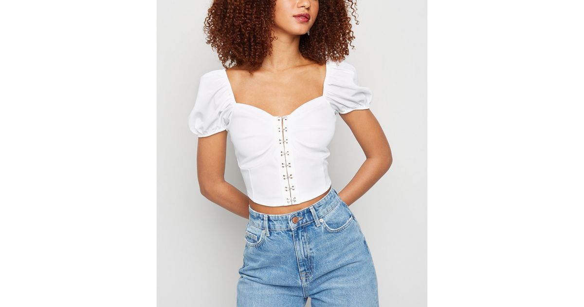 White Puff Sleeve Hook and Eye Crop Top | New Look