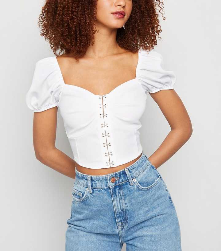 White Hook Eye Puff Sleeve Top Tops PrettyLittleThing, 55% OFF