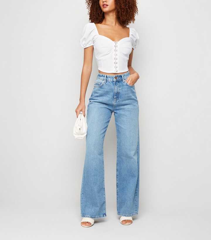 Women's Crop Top with Hook and Eye Closure - Puffy Sleeves / White