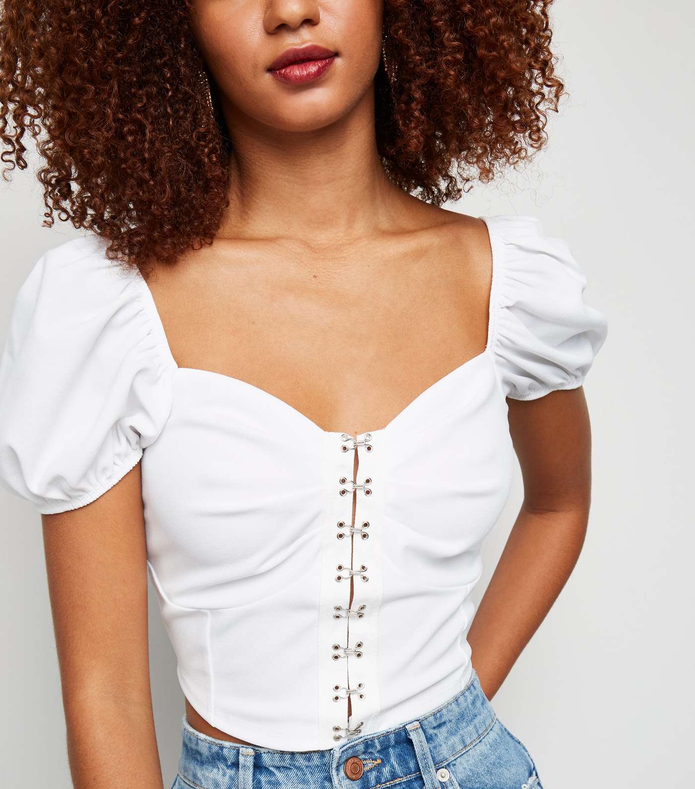 White Puff Sleeve Hook and Eye Crop Top Image 5