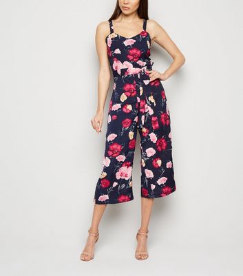 Mela Navy Floral Wide Leg Culotte Jumpsuit New Look