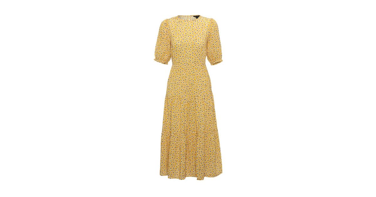 Mustard Floral Puff Sleeve Midi Dress New Look