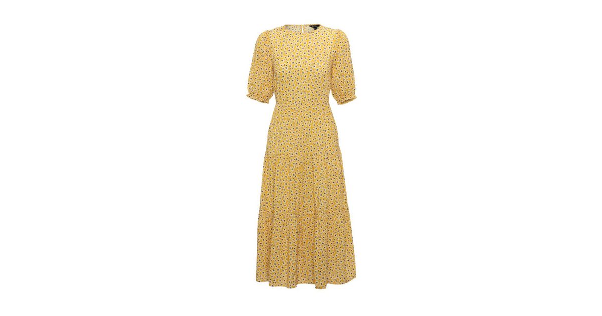 Mustard Floral Puff Sleeve Midi Dress | New Look