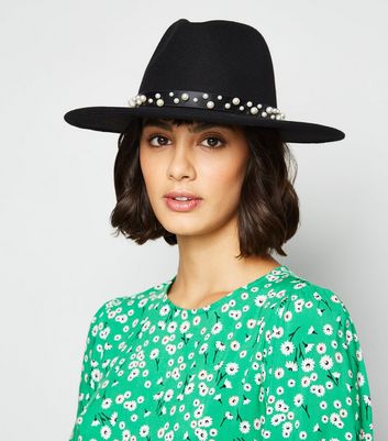 Black Faux Pearl Fedora Hat | New Look