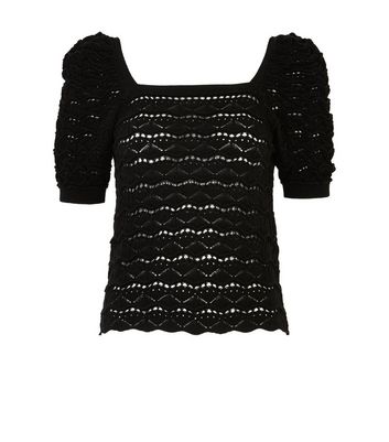 Black Pointelle Square Neck Puff Sleeve Top | New Look