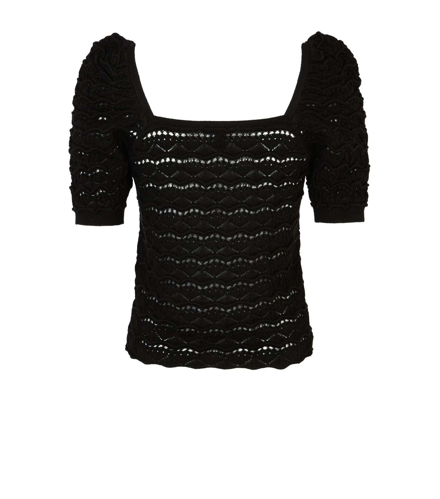Black Pointelle Square Neck Puff Sleeve Top Image 2