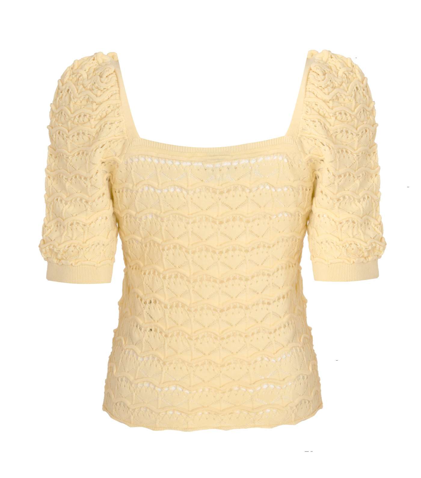 Pale Yellow Pointelle Square Neck Puff Sleeve Top Image 2
