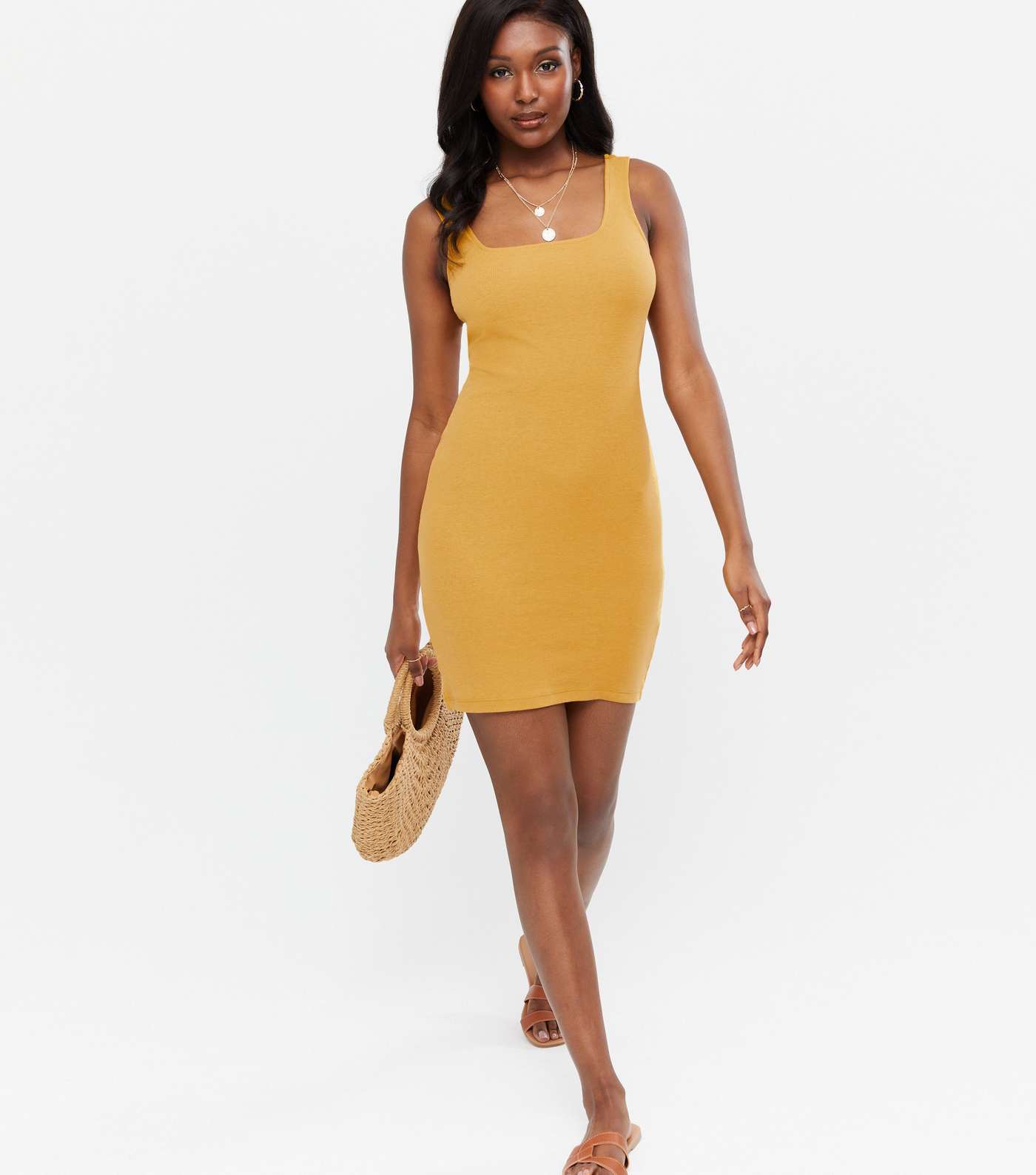 Yellow Square Neck Ribbed Bodycon Dress  Image 2