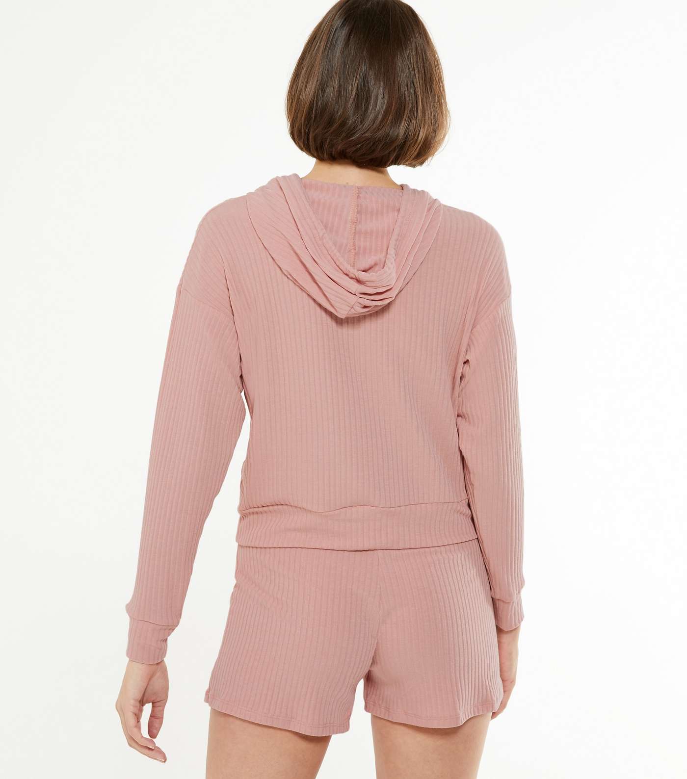 Pale Pink Ribbed Hoodie and Shorts Set Image 3