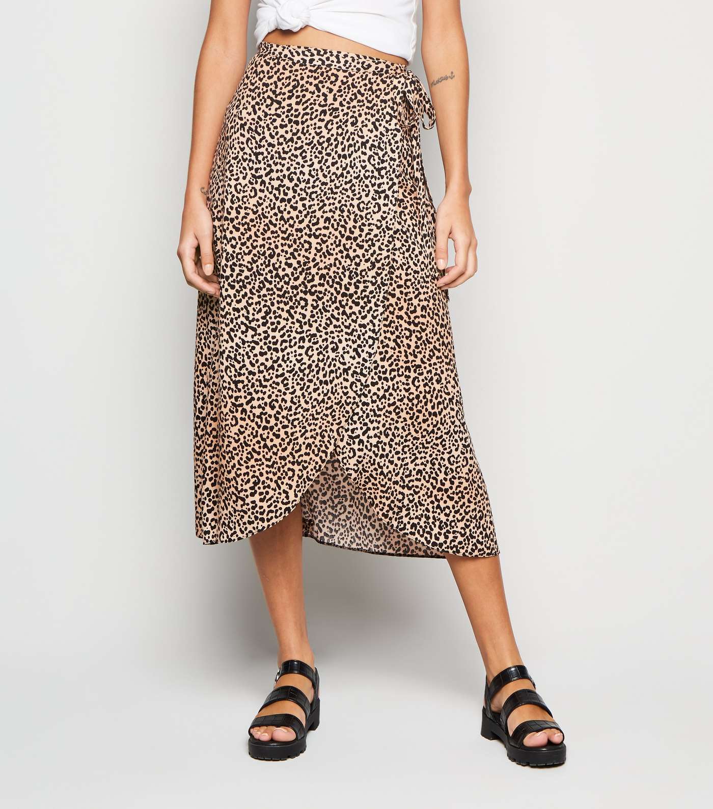 Brown Leopard Print High Waist Wrap Midi Skirt Image 2