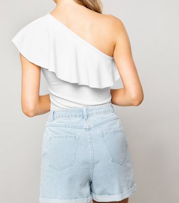 white one shoulder ruffle bodysuit