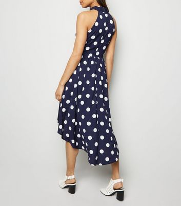 Mela Blue Polka Dot Dip Hem Dress New Look