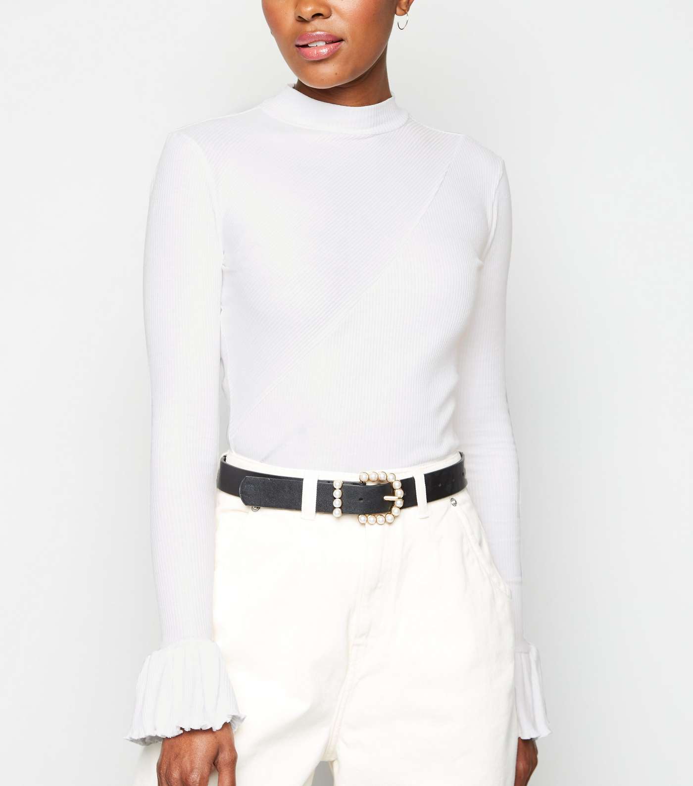 NA-KD White Ribbed Bell Sleeve Top