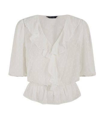 White Chiffon Spot Ruffle Wrap Blouse | New Look