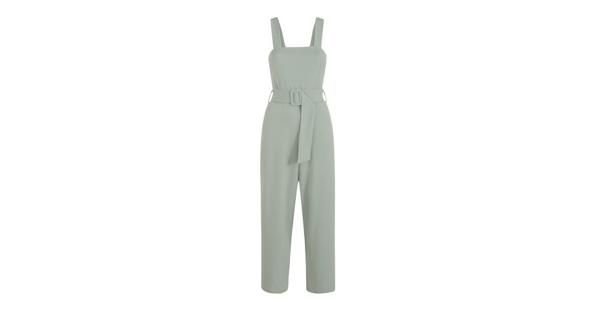 Light Green Square Neck Belted Crop Jumpsuit | New Look
